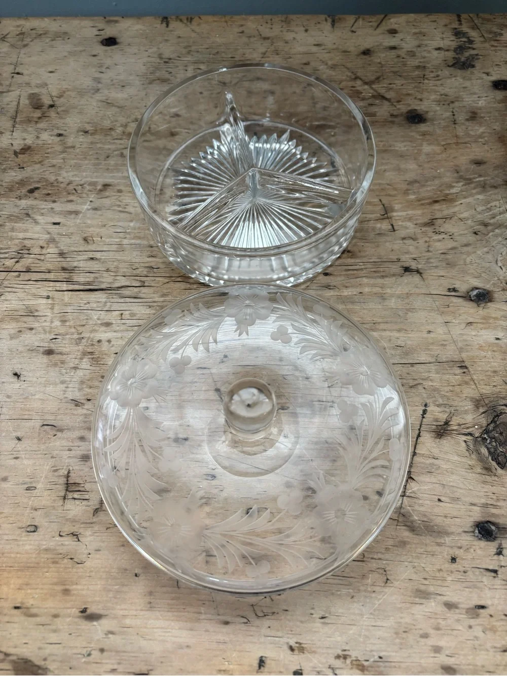 Vintage Hand Wrought Aluminum Handled Basket w/ Clear Etched Glass Covered Dish